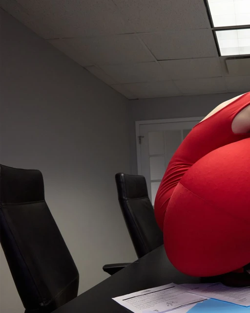 Adult in red leotard sitting on a black desk with papers and a blue folder in an office setting with black office chairs.