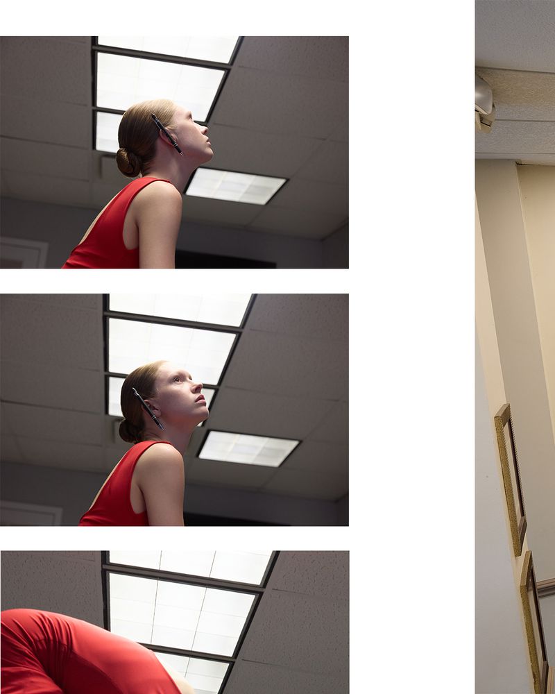 An adult female in a red top looks up at the ceiling inside a room with fluorescent lights. There are multiple images of the same woman.