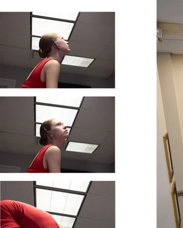 An adult female in a red top looks up at the ceiling inside a room with fluorescent lights. There are multiple images of the same woman.