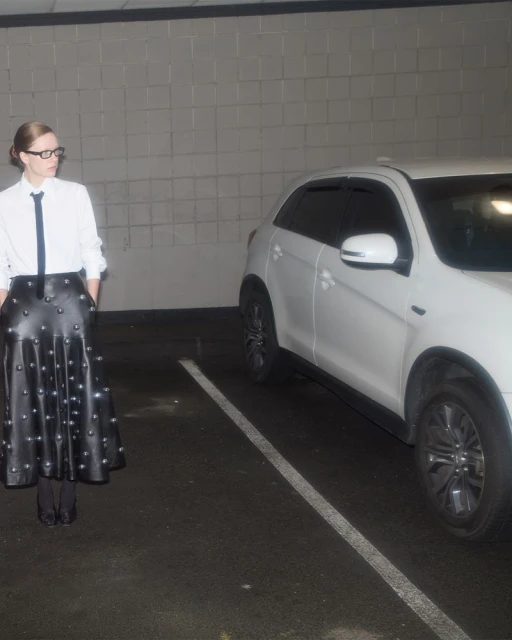 Adult female with glasses and tie stands in parking garage next to white SUV. She wears a studded black skirt and white shirt.