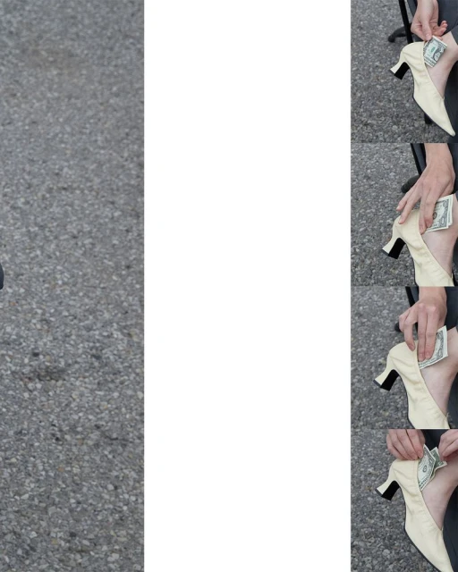 Close-up on a woman's foot in a tan high heel, inserting a one-dollar bill into the side of the shoe against a gray asphalt backdrop.