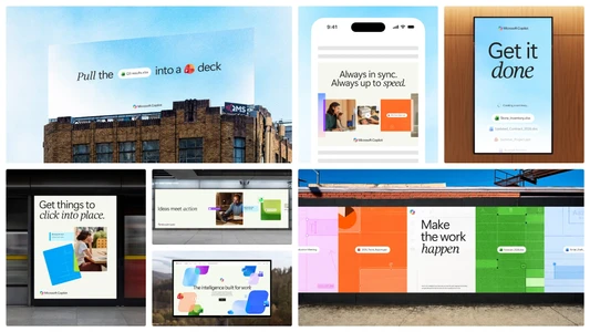 Collage of branding mockups displaying typography and gradient graphics across billboards, posters, and digital displays.
