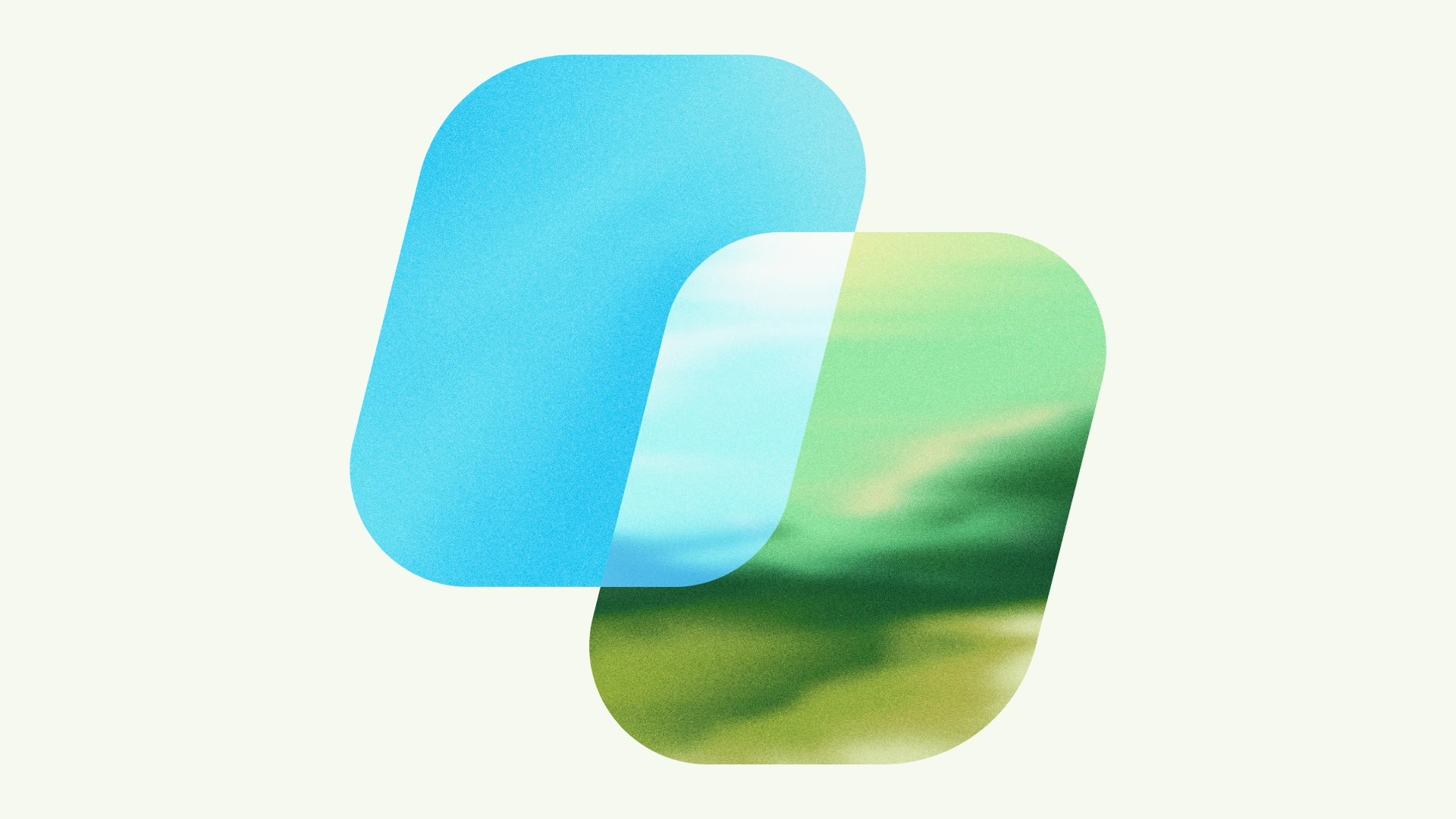Two overlapping rounded rectangular shapes in textured blue and green against an off-white background.