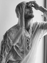 Monochrome portrait of model Arnaud Lemaire wearing a wet translucent lace-up hoodie with his hand raised to his forehead.