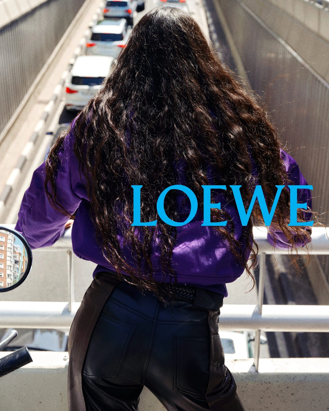 Rear view of a person with long dark hair wearing a purple jacket looking over an urban highway bridge.