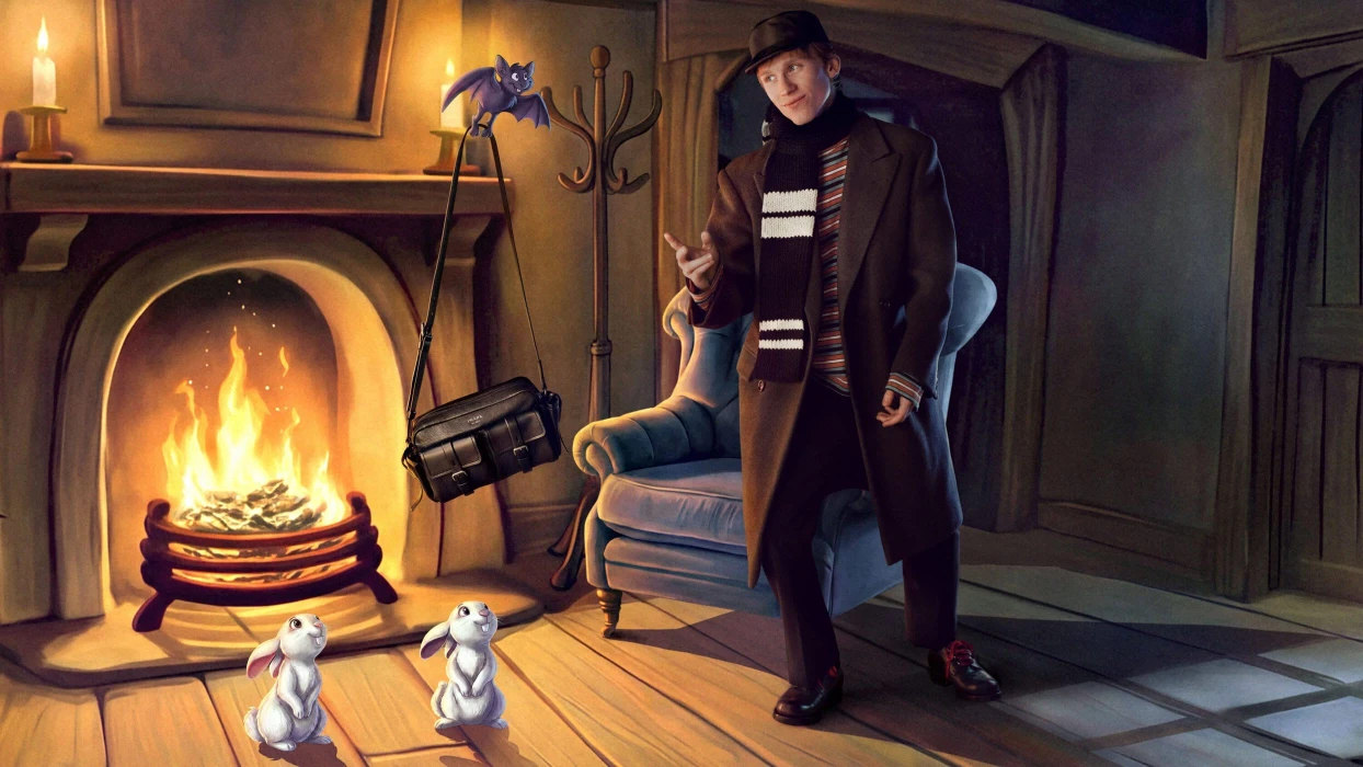 Illustrated man in brown coat standing beside a fireplace with two white rabbits and a levitating leather bag.