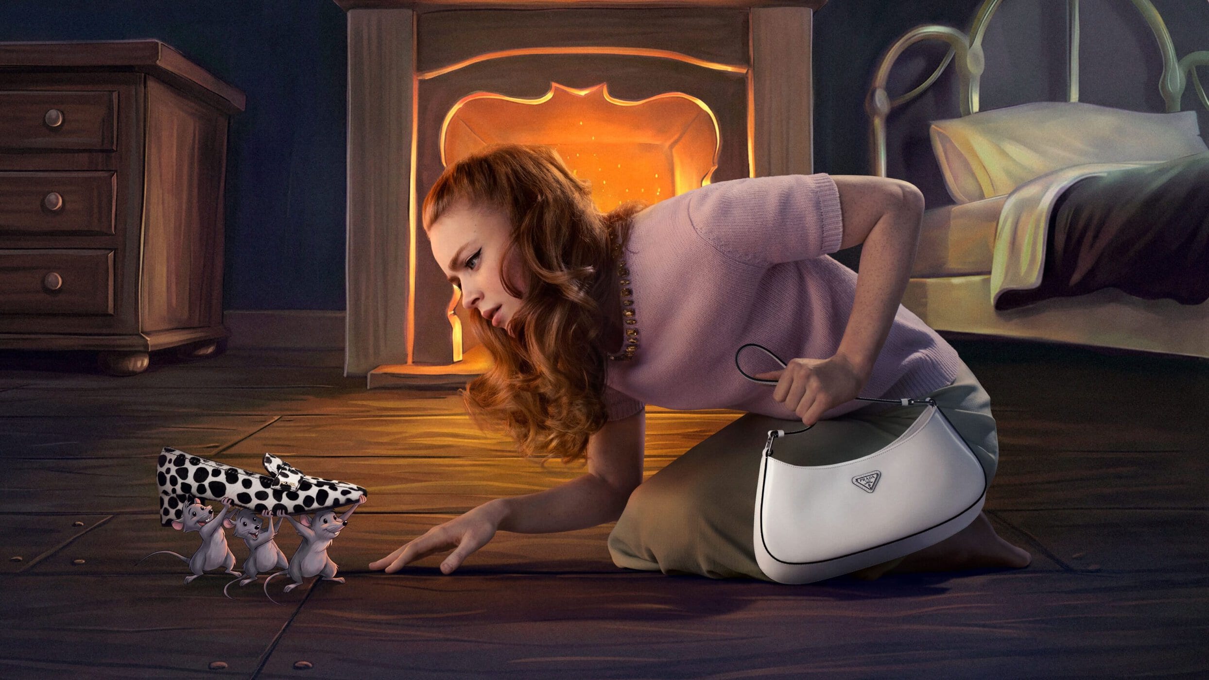Illustrated woman in a pink top kneeling on a wooden floor looking at three small mice carrying a patterned shoe