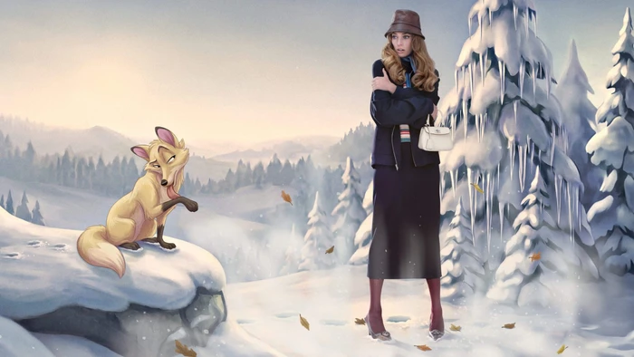 An illustrated winter scene with a woman in a dark outfit standing near snow-covered trees and a stylized fox sitting on a snowy ledge.