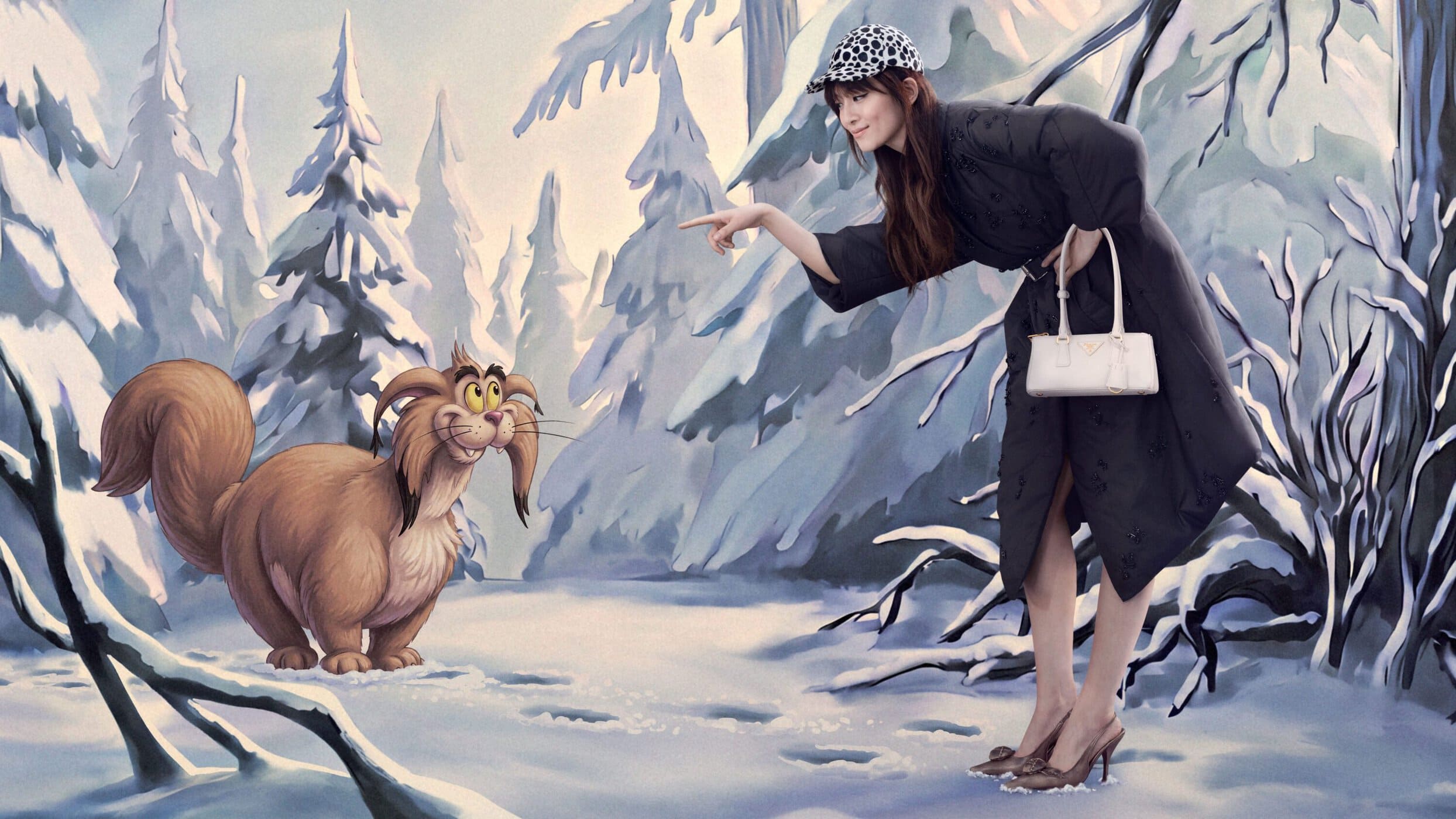 Woman in a dark coat and cap pointing at a large illustrated fantasy creature in a snowy forest.