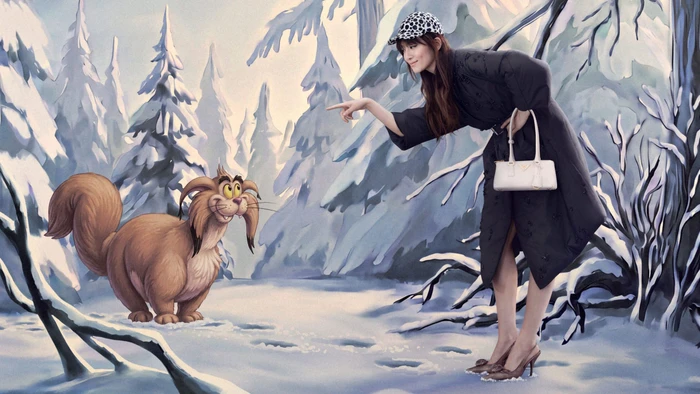 Woman in a dark coat and cap pointing at a large illustrated fantasy creature in a snowy forest.
