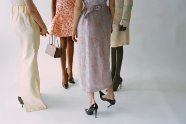 Four models seen from the waist down in pastel dresses, cream trousers, and pointed black high heels against a white studio background.