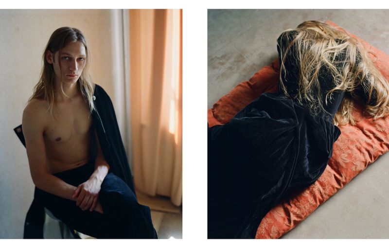 Diptych of two models featuring a long-haired man seated indoors and a woman lying on an orange patterned cushion