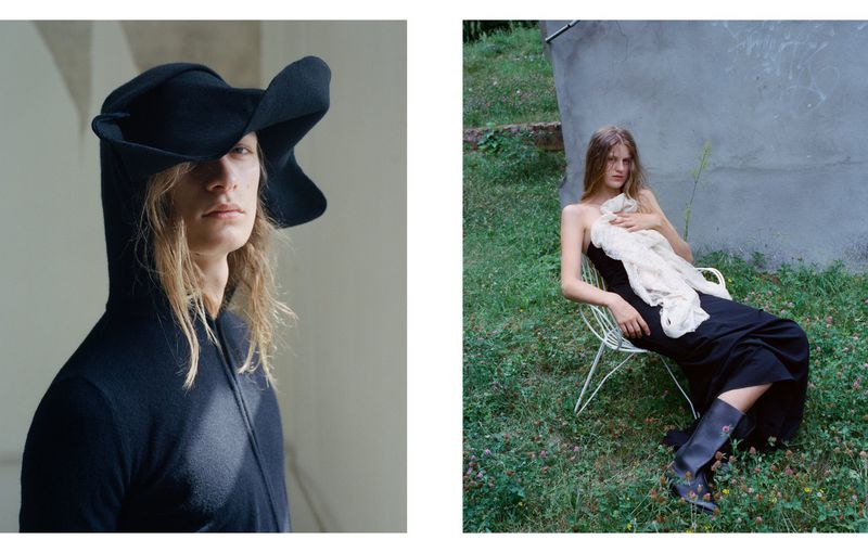 Two-panel fashion editorial featuring a male model in a black hood and a female model seated outdoors on a white wire chair.