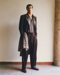 Man wearing a dark suit jacket, shirt, and trousers, holding a patterned throw, standing indoors.