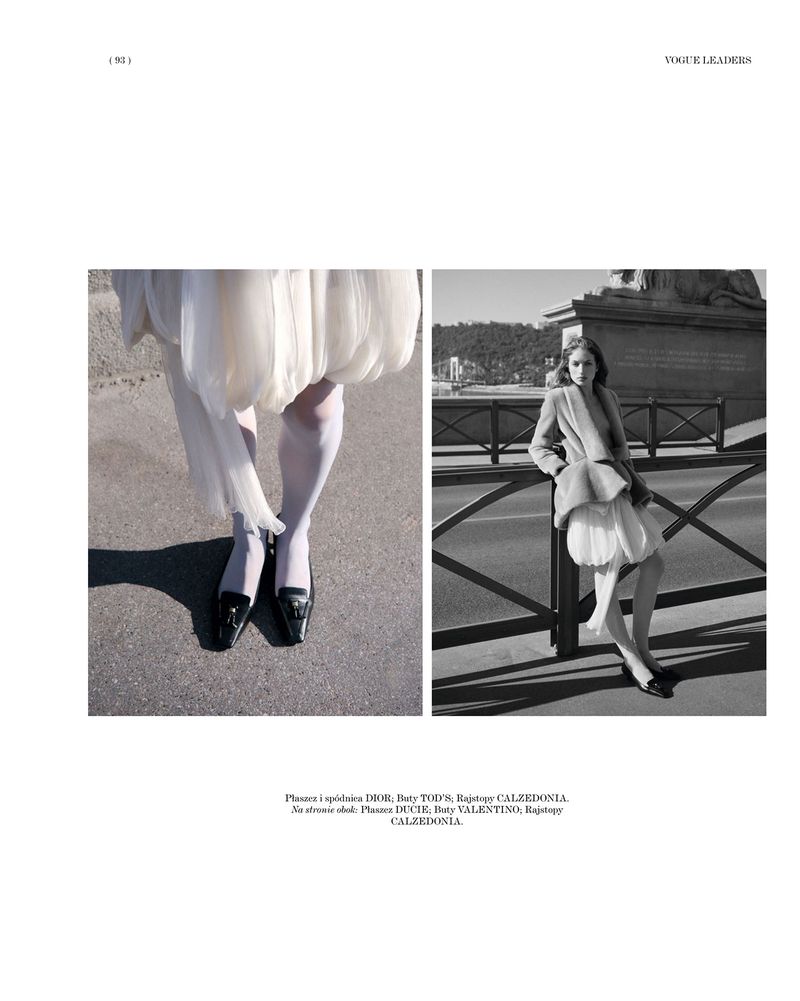 Black and white editorial magazine layout featuring a model leaning against a bridge railing in a skirt and jacket