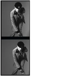 Black and white portrait diptych of a young man leaning forward wearing a patterned suit and wide-collar shirt.