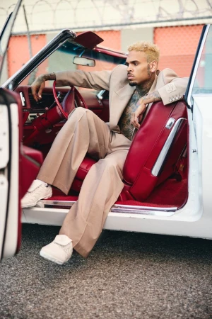Chris Brown poses inside a vintage car wearing a suit with open door. The setting is an urban street with natural light.