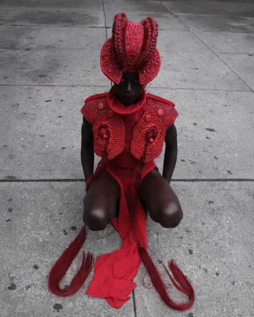 Person in red headpiece and clothing kneels on concrete, facing forward. High-fashion editorial shot. Dark skin, street setting.