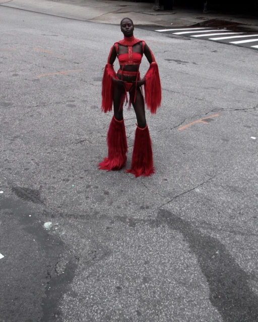 Woman in red costume with fur accents poses on an asphalt road with pedestrian crossing in the background. Full body shot, urban scene.