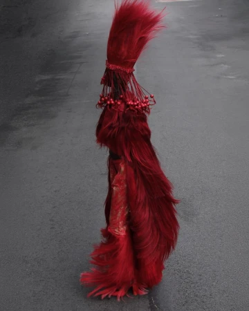 Red feathered headdress with bead accents, resting on a gray surface. The bright colors and texture contrast with the plain background.