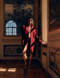 Model wearing oversized burgundy blazer and strappy heels standing in an opulent classical interior with a large mirror and chandelier.