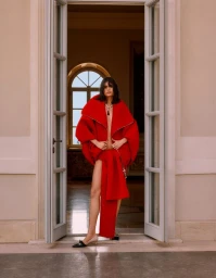 Model in a sculptural red coat framed within open tall double doors wearing black low-heeled shoes