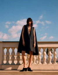Model standing on a balcony against a blue sky wearing a black cape-style dress and mules for Yo Dona Spain Gran Lujo project