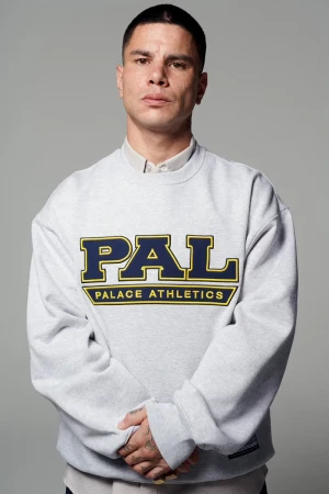Portrait of a man with short dark hair wearing a grey Palace Athletics sweatshirt, posing in front of a neutral grey background.