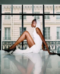 Model Debra Shaw wearing a white hooded dress seated on a reflective surface before a large window with Parisian architecture outside.
