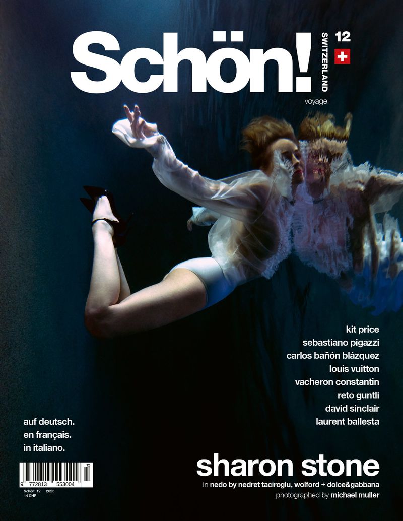Schön! Magazine cover featuring Sharon Stone underwater. The magazine cover has a dark blue background with white text.