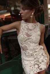 Model Theopisti Pourliotopoulou wearing a white patterned crochet mini dress and gold statement earrings at an outdoor cafe table.