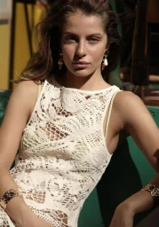 Model Theopisti Pourliotopoulou wearing a white open-knit crochet sleeveless top and gold bracelets in bright sunlight.