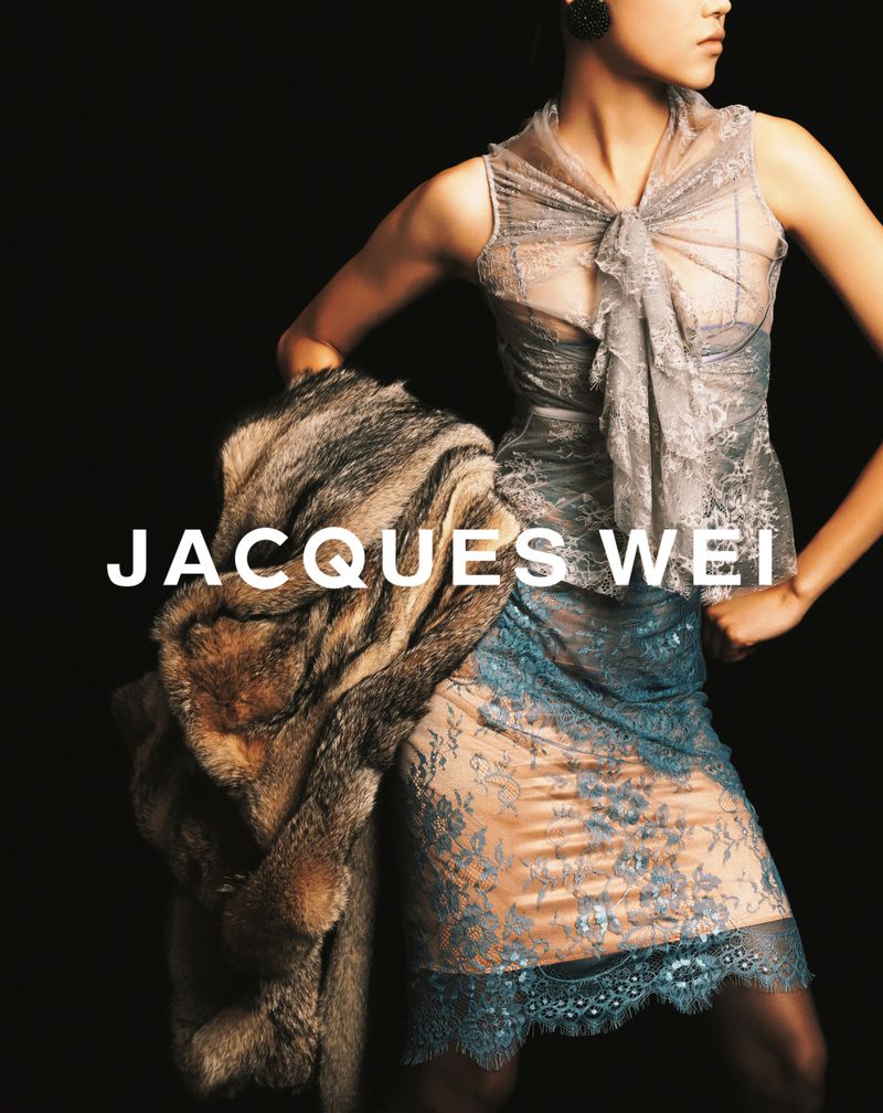 Fashion shot of a woman in a sheer dress with a fur stole against a dark background, showcasing style and textures.