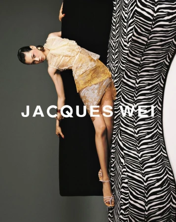 Fashion shot featuring a model in a gold dress, posing near black and zebra-striped columns, against a gray background with text.