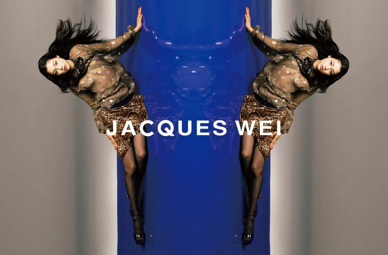 Two mirrored women in sheer tops and leopard print skirts pose against a blue wall with text overlay, high heels, dark hair.
