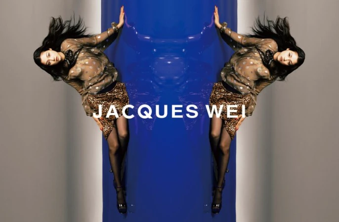 Two mirrored women in sheer tops and leopard print skirts pose against a blue wall with text overlay, high heels, dark hair.