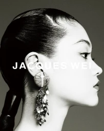 Close-up profile of a model wearing large dangling drop earrings against a grey seamless background