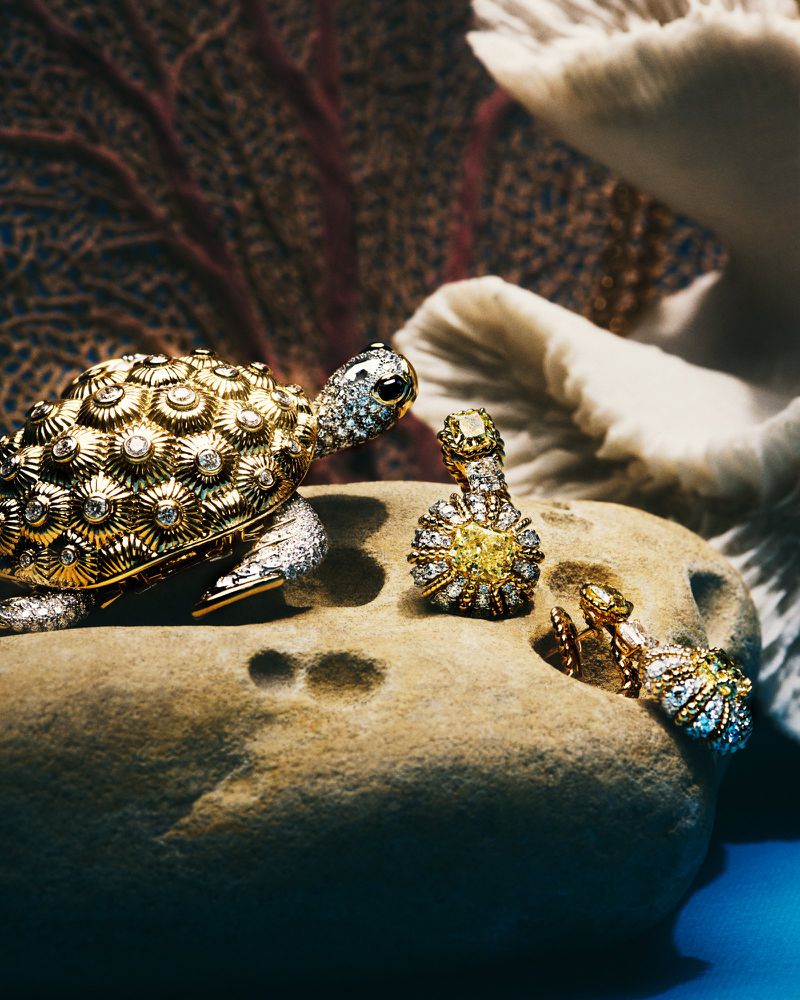 Jewellery turtle and jewel-encrusted rings sit on a textured stone, accented by coral and sea shell against a blue background.