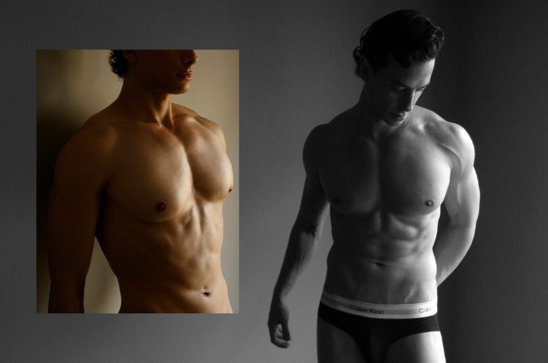Male torso featuring two shirtless men with visible abs, one tanned and one in black and white, showcasing fitness and athleticism.
