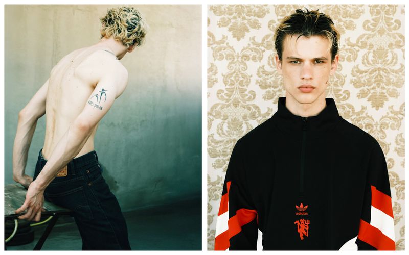Split shot of a male fashion model with blonde hair in a black sports jacket and dark jeans, posing in an indoor studio.