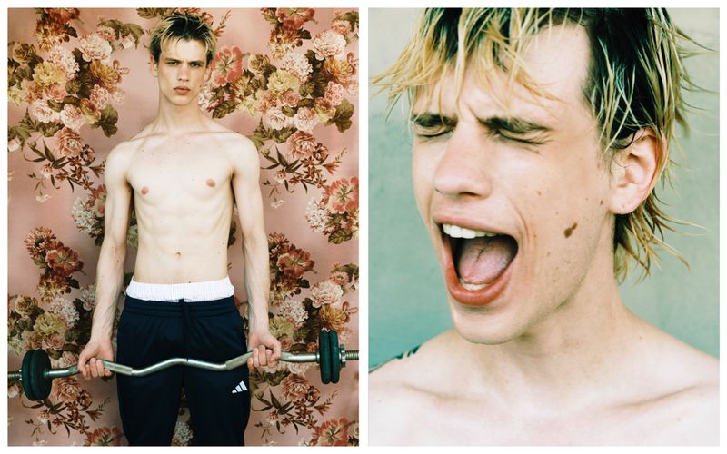 Two-panel portrait of a shirtless young adult male with light hair, lifting a barbell in front of a floral wallpaper, juxtaposed with a close-up of an open mouth.