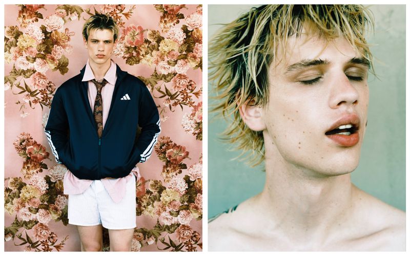 A young adult man poses in an unbuttoned shirt and athletic jacket against a floral wallpaper, contrasted with a close-up studio portrait.
