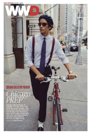Magazine cover featuring a stylish adult male with a bicycle in a city street setting, wearing suspenders, tie, and beret.