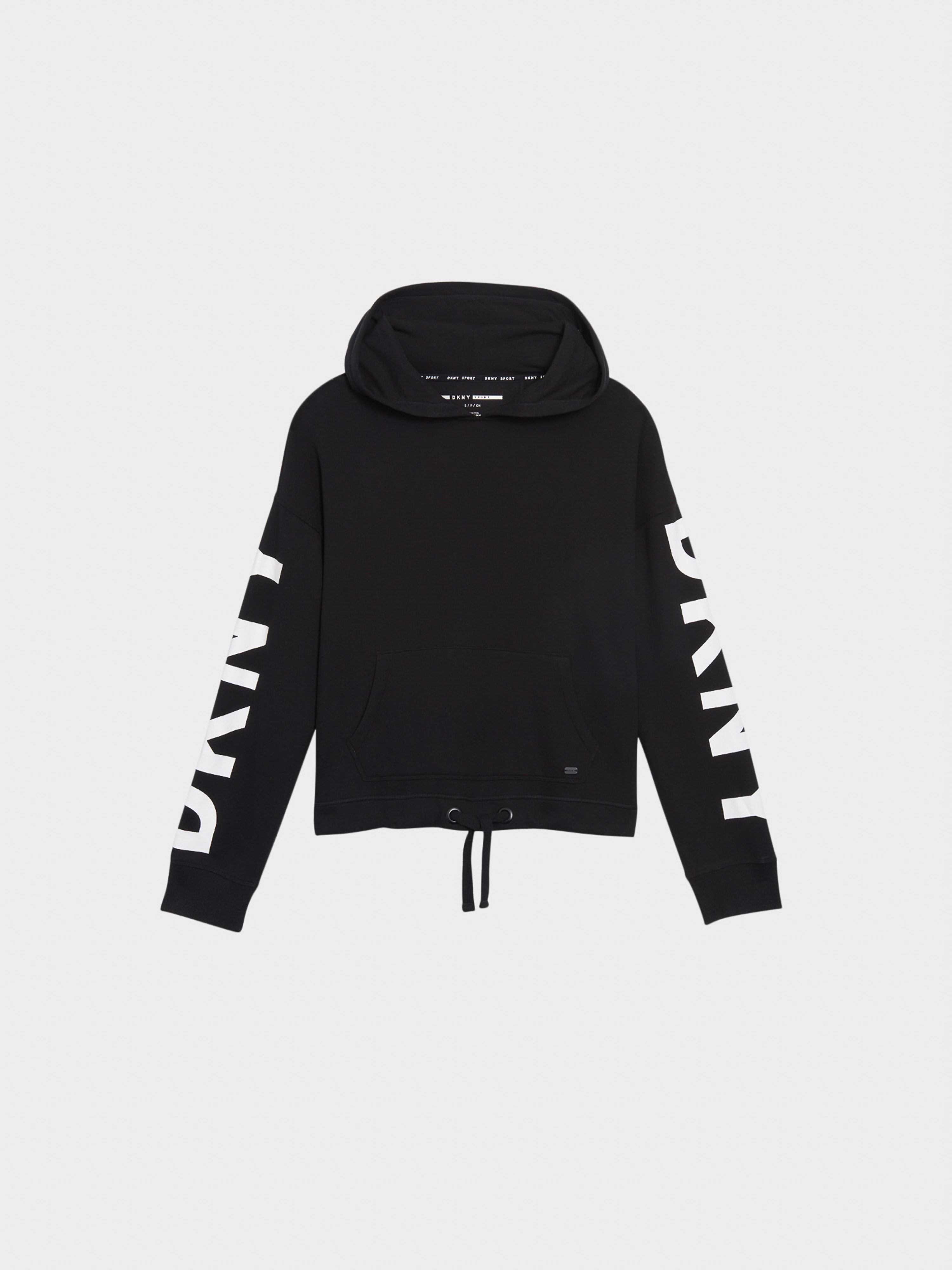 Black DKNY hooded sweatshirt with drawstrings and long sleeves featuring white DKNY lettering, photographed on a white background.