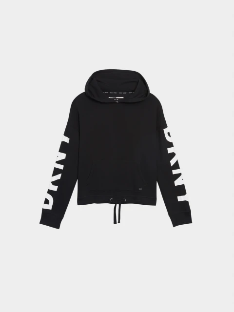 Black DKNY hooded sweatshirt with drawstrings and long sleeves featuring white DKNY lettering, photographed on a white background.