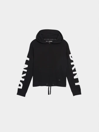 Black DKNY hooded sweatshirt with drawstrings and long sleeves featuring white DKNY lettering, photographed on a white background.