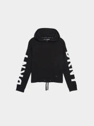 Black hoodie with white bold logo text on sleeves and drawstring hood on seamless white background.