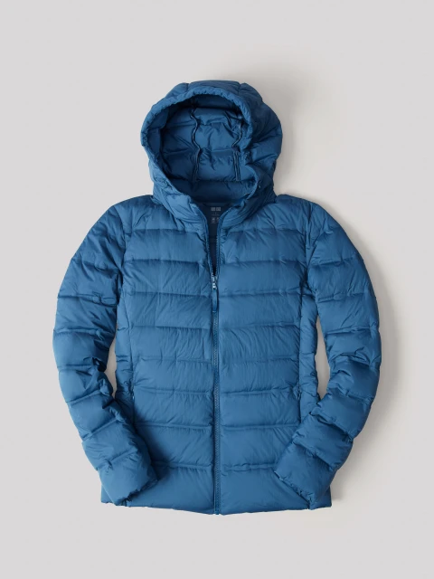 Studio shot of a vibrant blue hooded puffer jacket, showcasing its quilted design and puffy texture against a neutral background.