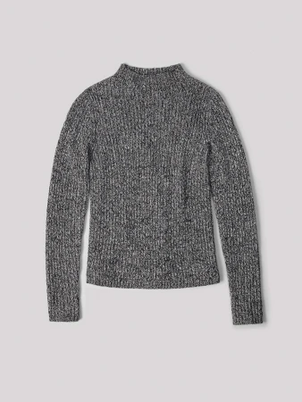 Grey knit sweater with a ribbed texture and mock neck, flat lay on a neutral background, showcasing knitwear fashion.