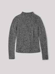 Heather grey ribbed knit mock neck sweater displayed flat against a plain grey studio background.